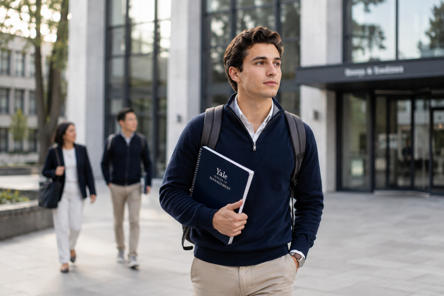 A confident college student walking across a university campus