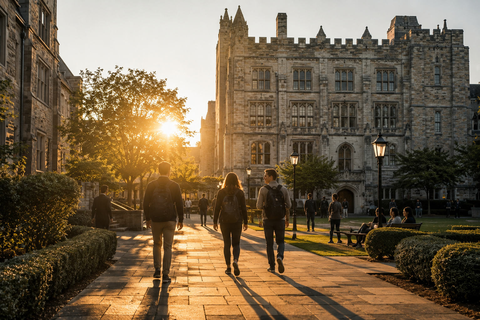 Students walking across a university campus at golden hour